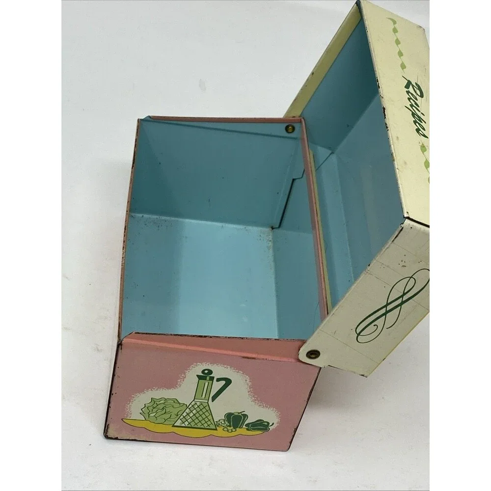 Vintage The Ohio Art Co Metal MCM Recipe Box Pink Green Yellow USA